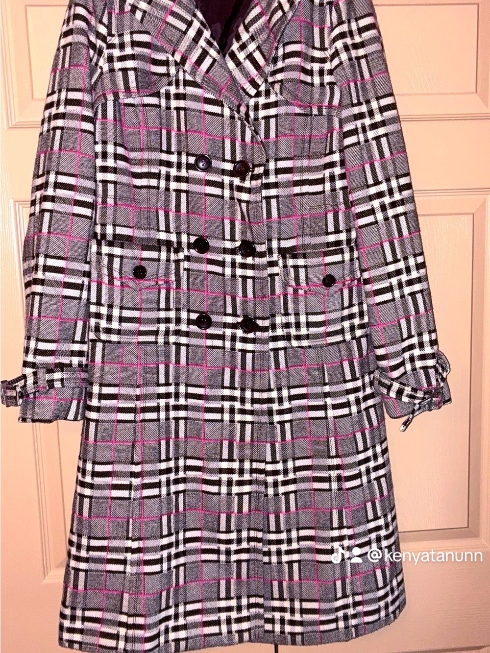 Women's Double-Breasted Plaid Pea Coat in Gray with Pink Trim